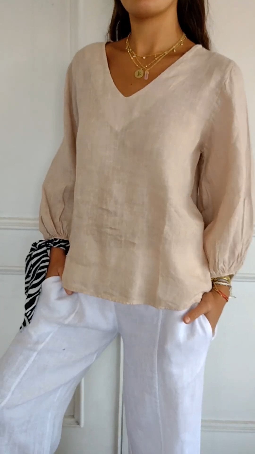 Lantern Sleeve Design Cotton and Linen Shirt