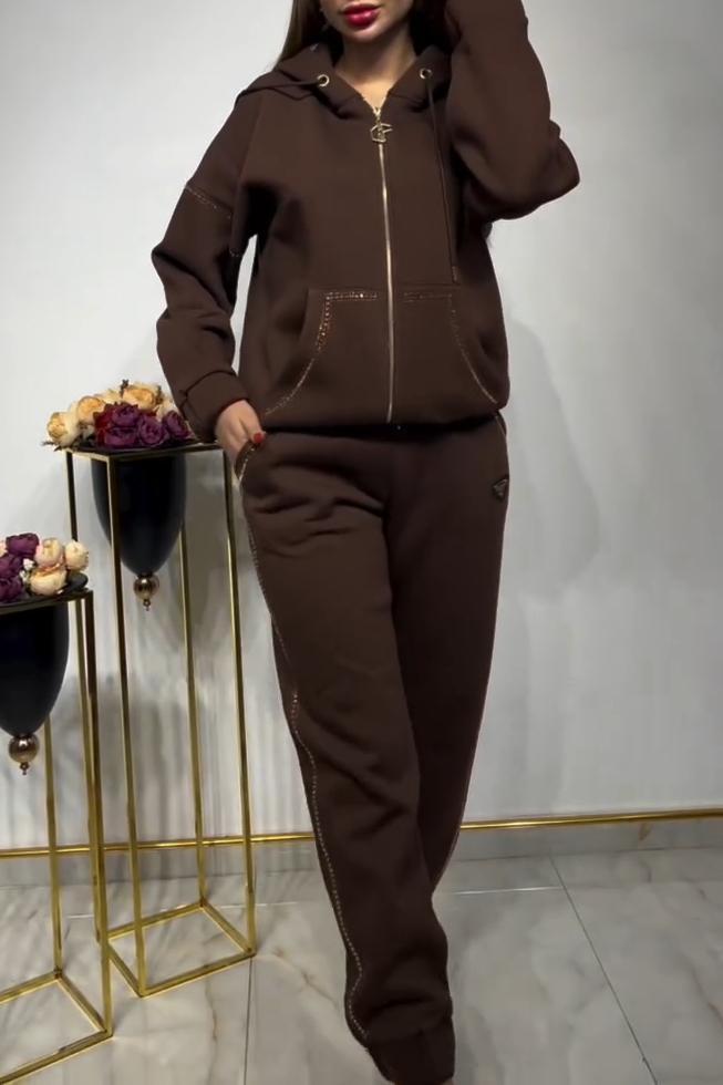 Women's Casual Solid Color Hot Diamond Hooded Two-piece Suit