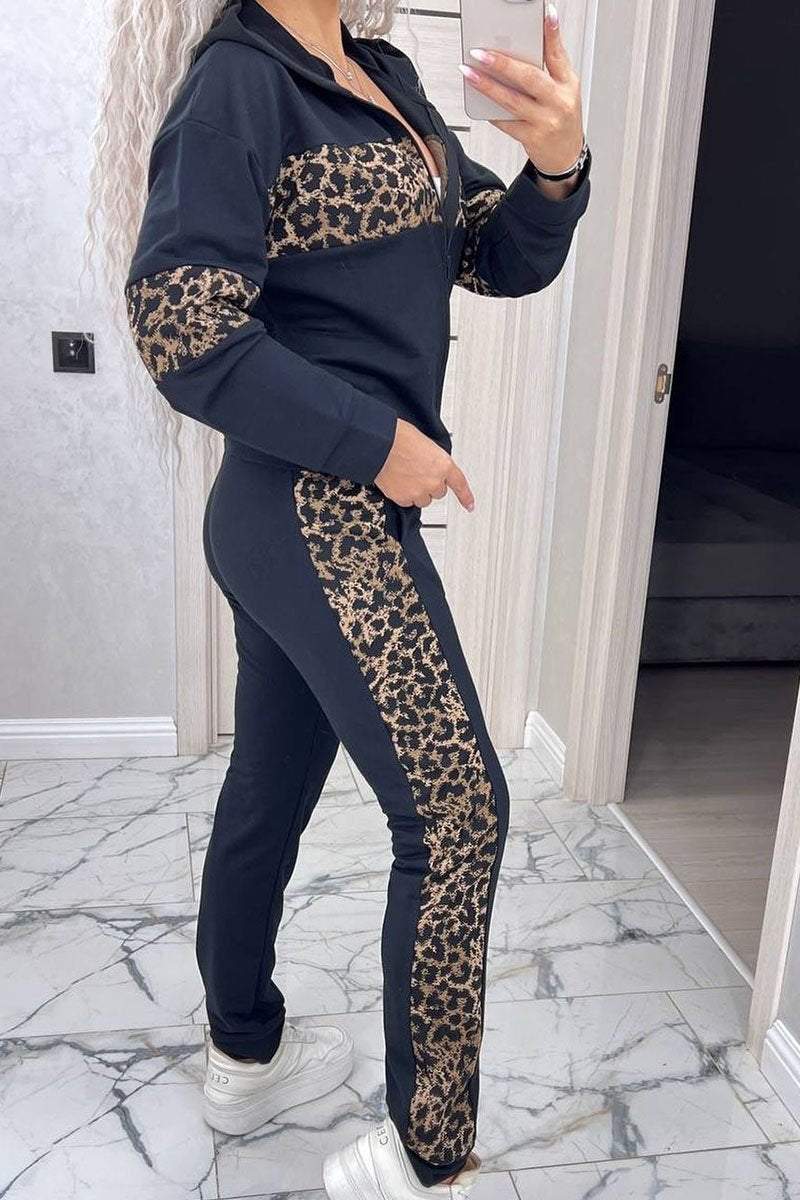 Women's Solid Color Casual Leopard Print Stitching Two-piece Set