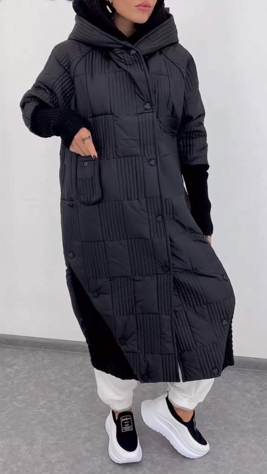 Women's Hooded Long Cotton Coat with Patchwork Sleeves