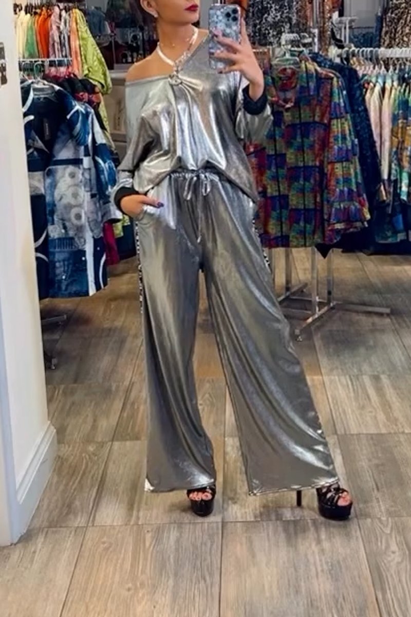 Women's Fashion Metallic Coated Fabric Patchwork V-Neck Top and Pants Two-Piece Set