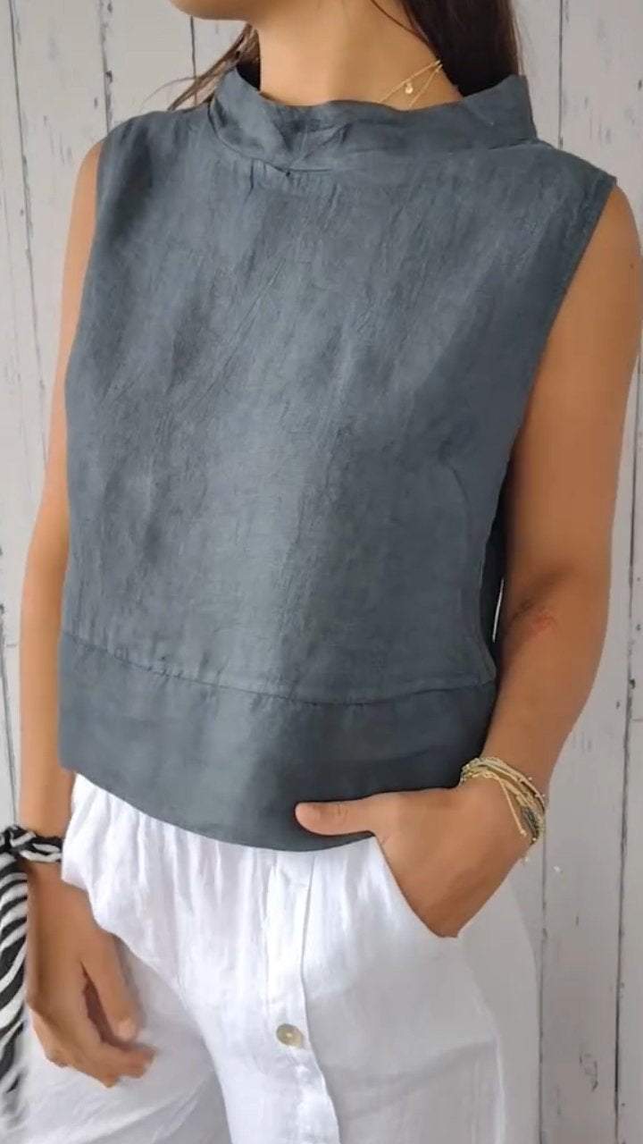 Stand Collar Sleeveless Cotton and Linen Top