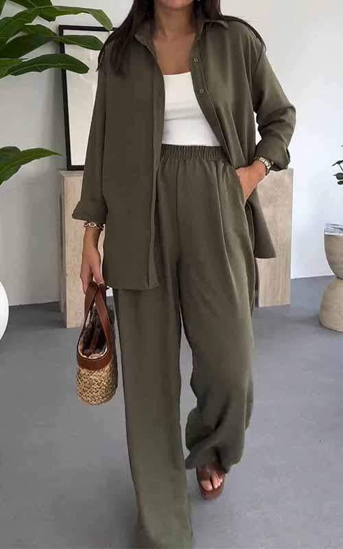 Women's Lapel Single Breasted Shirt Paired with Long Pants Two Piece Suit