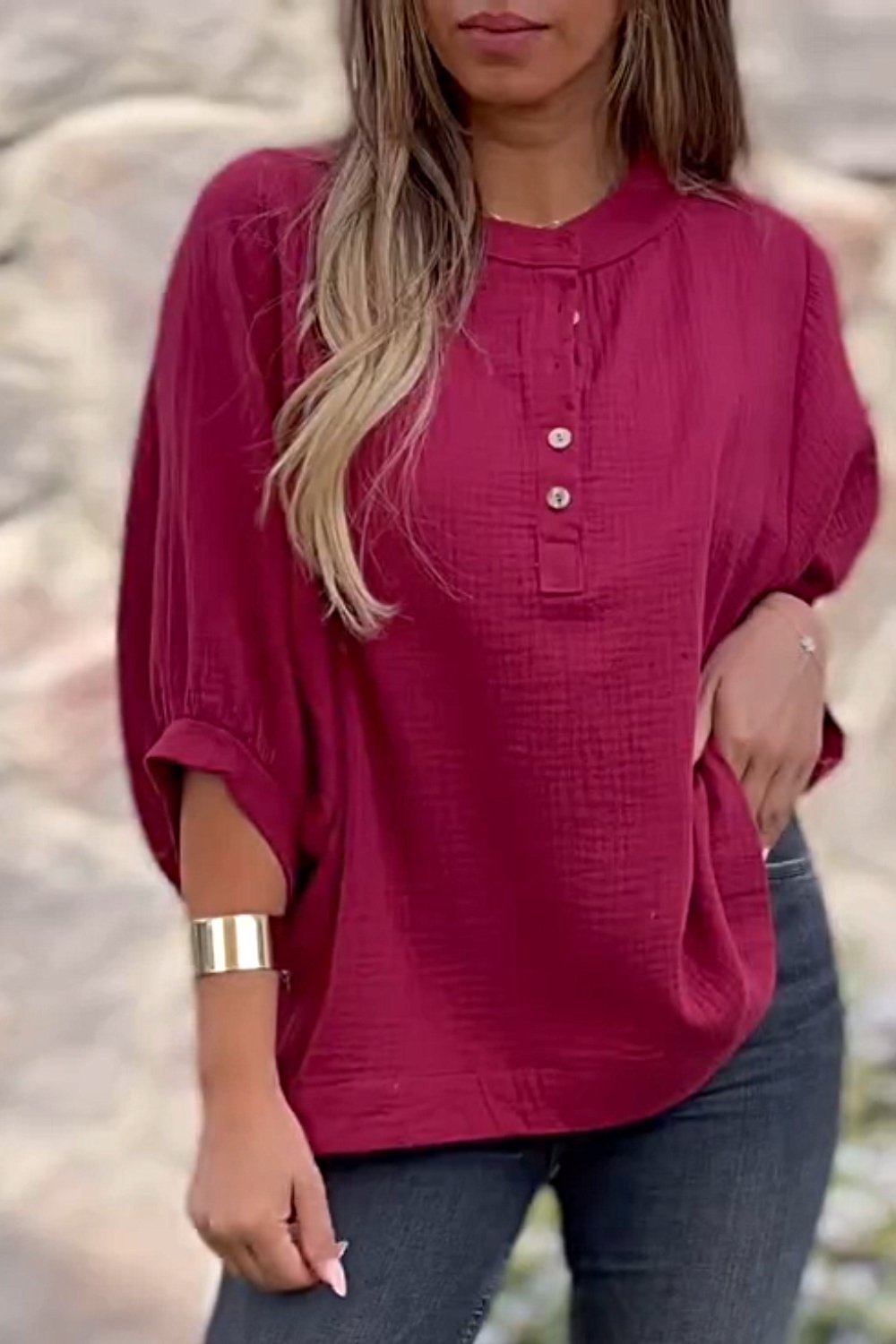 Women's Cotton and Linen V-neck Buttoned Tops