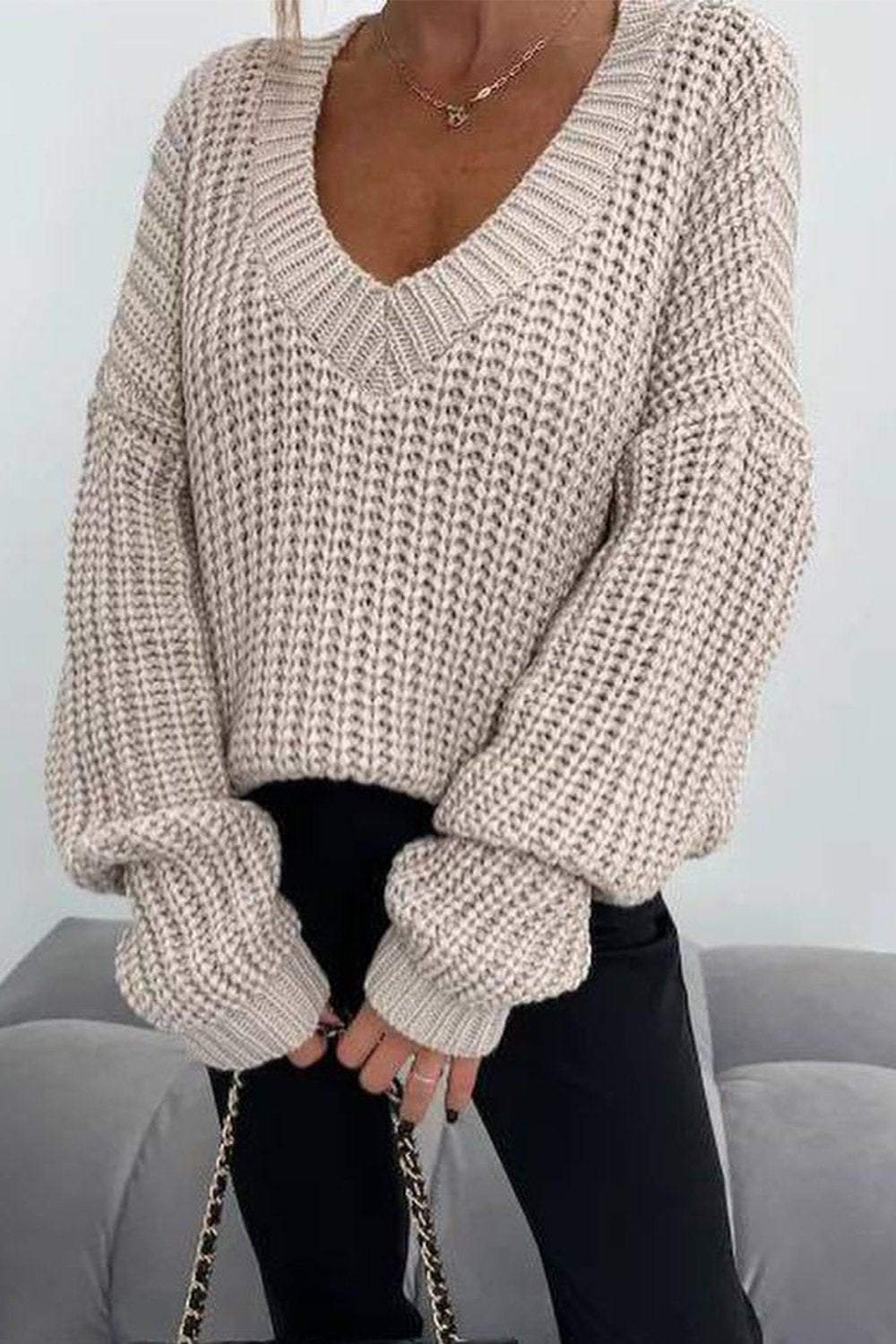 Women's Solid Color V-neck Top Sweater