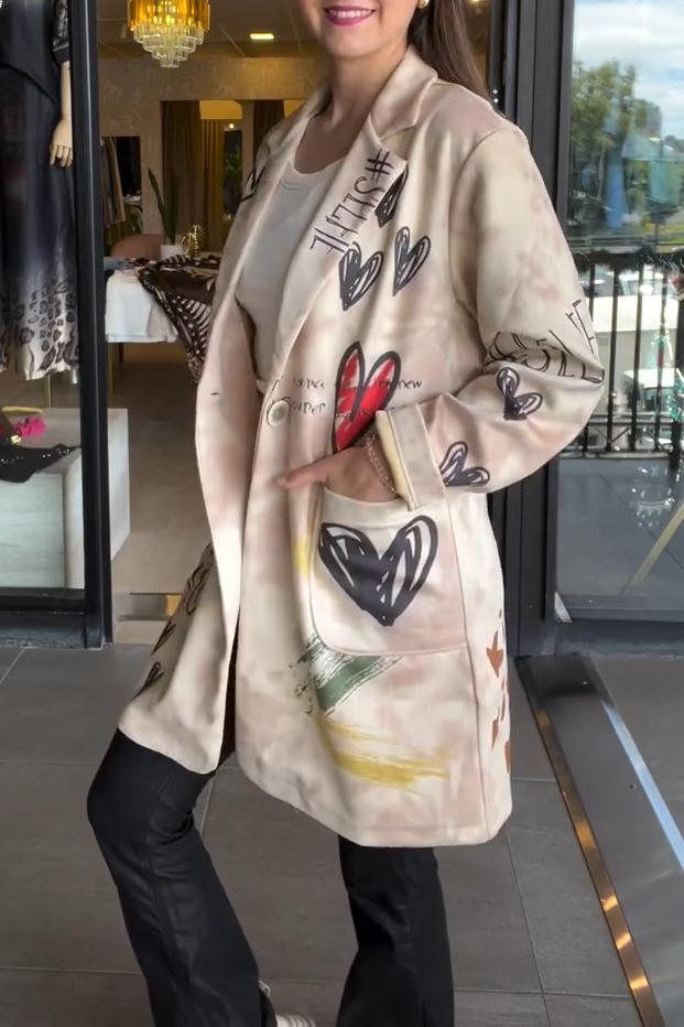 Women's Casual Heart Letter Print Mid-length Lapel Coat