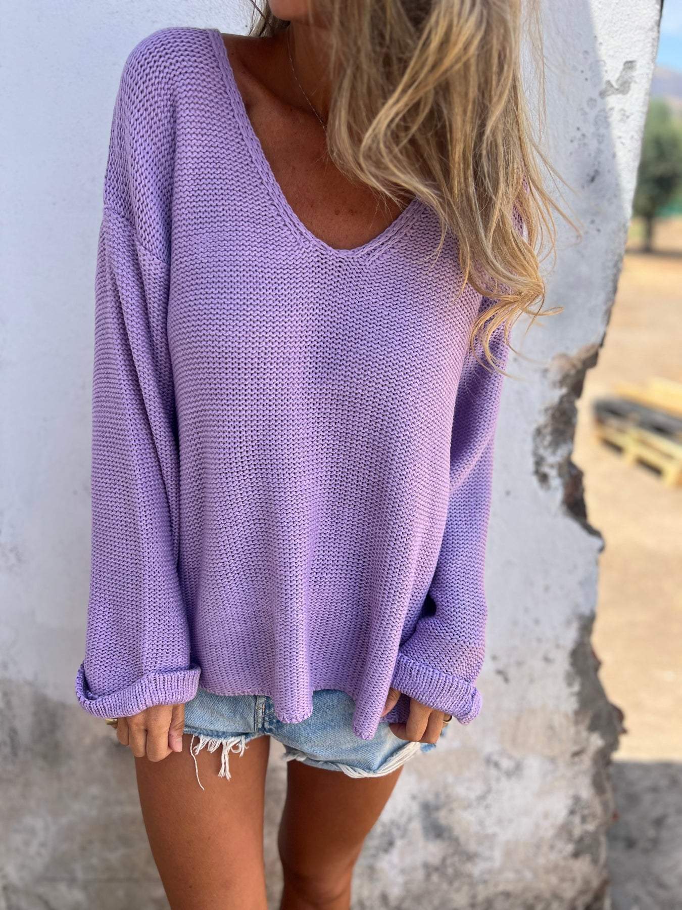 Knitted V-neck Long Sleeved Top