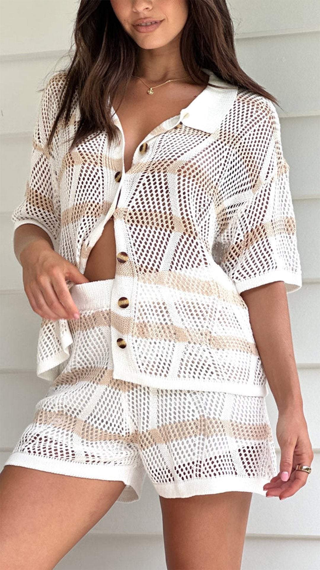 Women's Lapel Short Sleeved Hollowed Out Striped Casual Suit