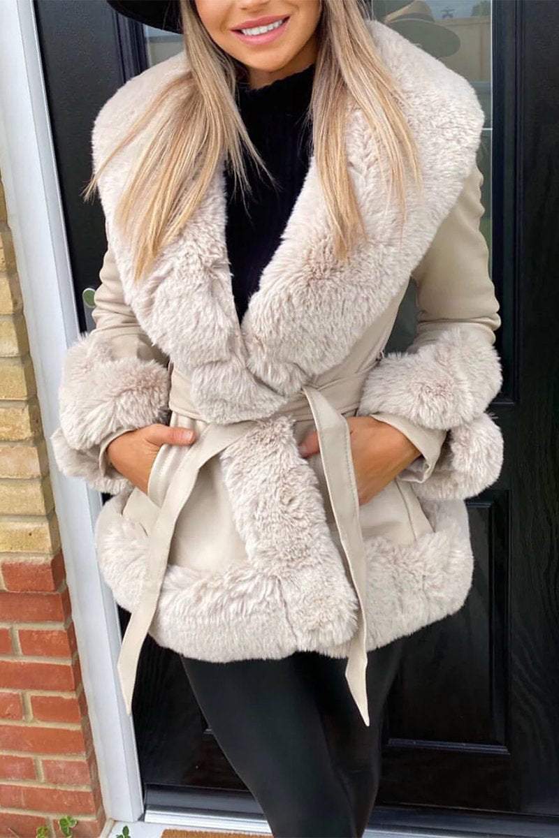 Women's V-neck Fur Patchwork Leather Jacket