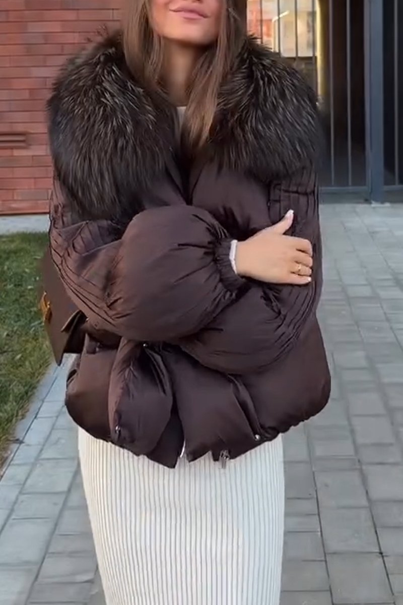 Women's fur collar and pleated sleeve down overcoat