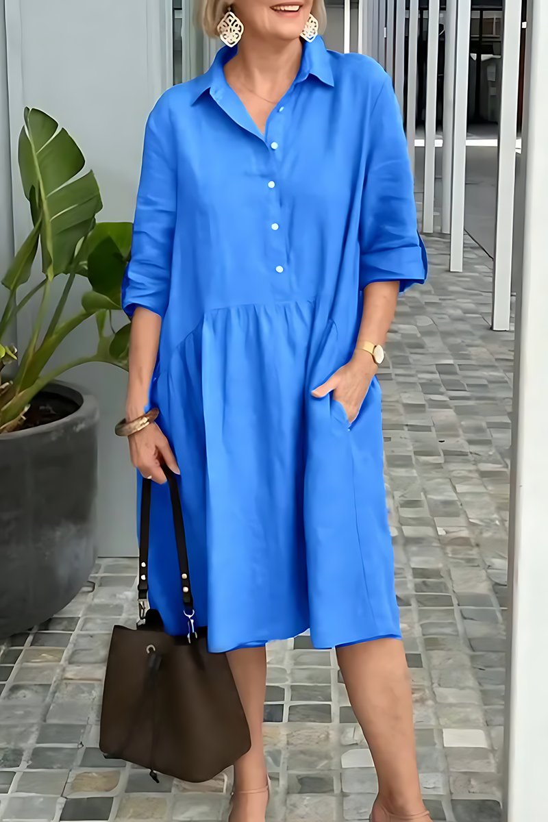 Women's Casual Fashion Solid Color Lapel Single Breasted Loose Dress