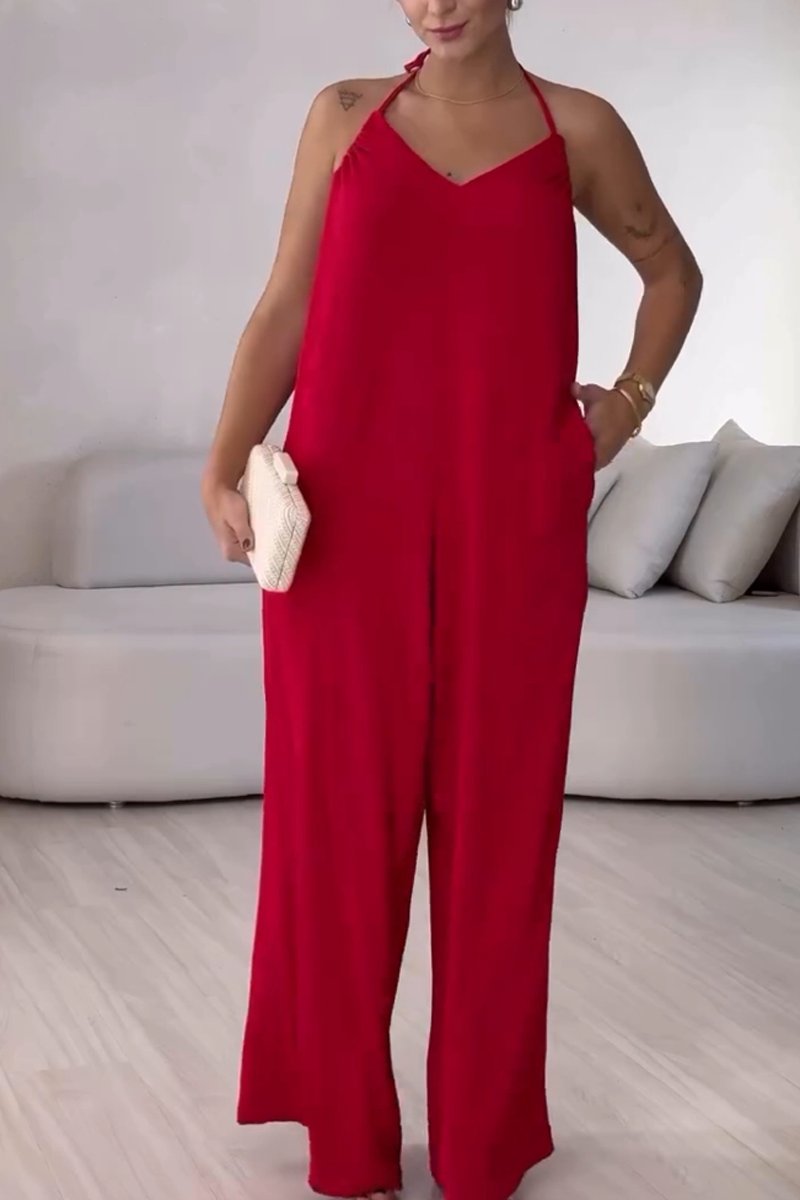 Women's Casual Solid Color V-neck Halterneck Jumpsuit