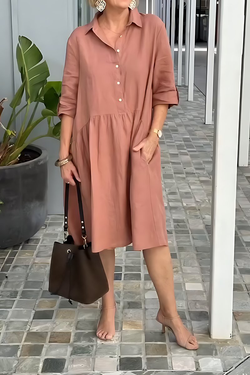 Women's Casual Fashion Solid Color Lapel Single Breasted Loose Dress