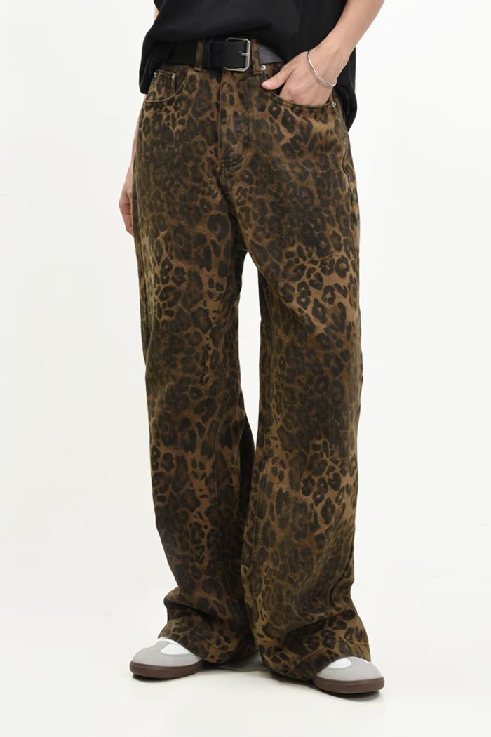 American Retro Leopard Print Jeans Straight Loose Men's Casual Pants