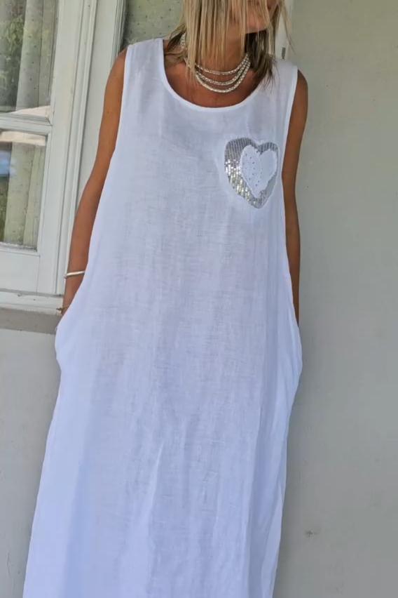 Women's casual U-neck heart silver-stamped sleeveless dress