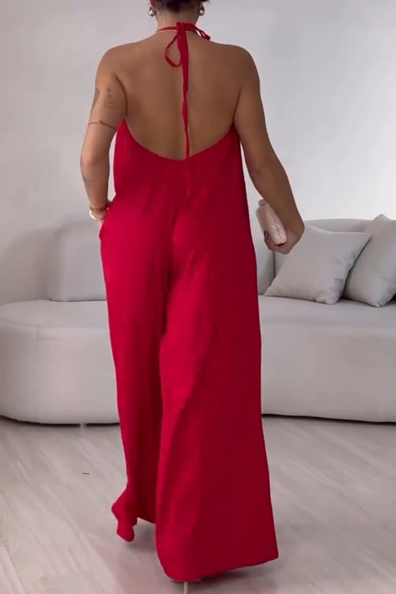 Women's Casual Solid Color V-neck Halterneck Jumpsuit