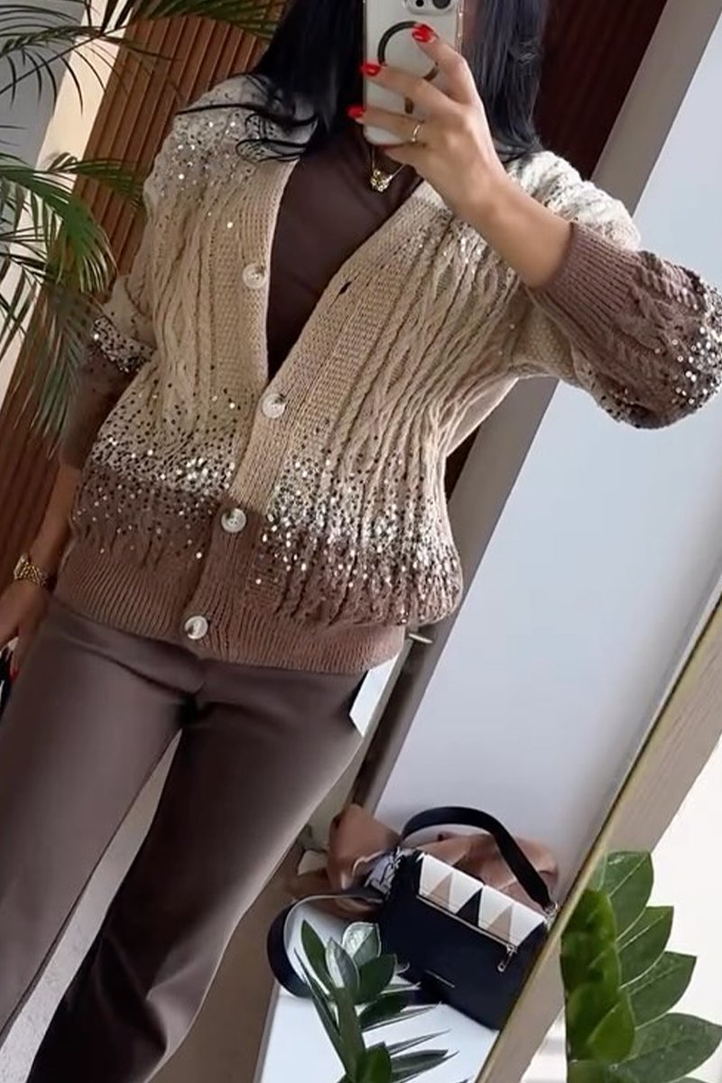 Women's Casual V-neck Three-color Contrast Stitching Sequined Knitted Cardigan Jacket