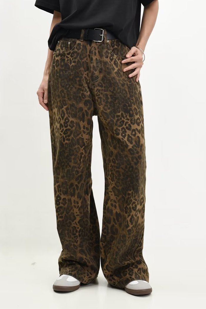 American Retro Leopard Print Jeans Straight Loose Men's Casual Pants