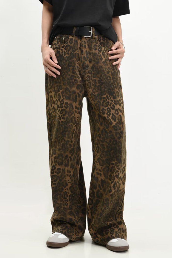 American Retro Leopard Print Jeans Straight Loose Men's Casual Pants