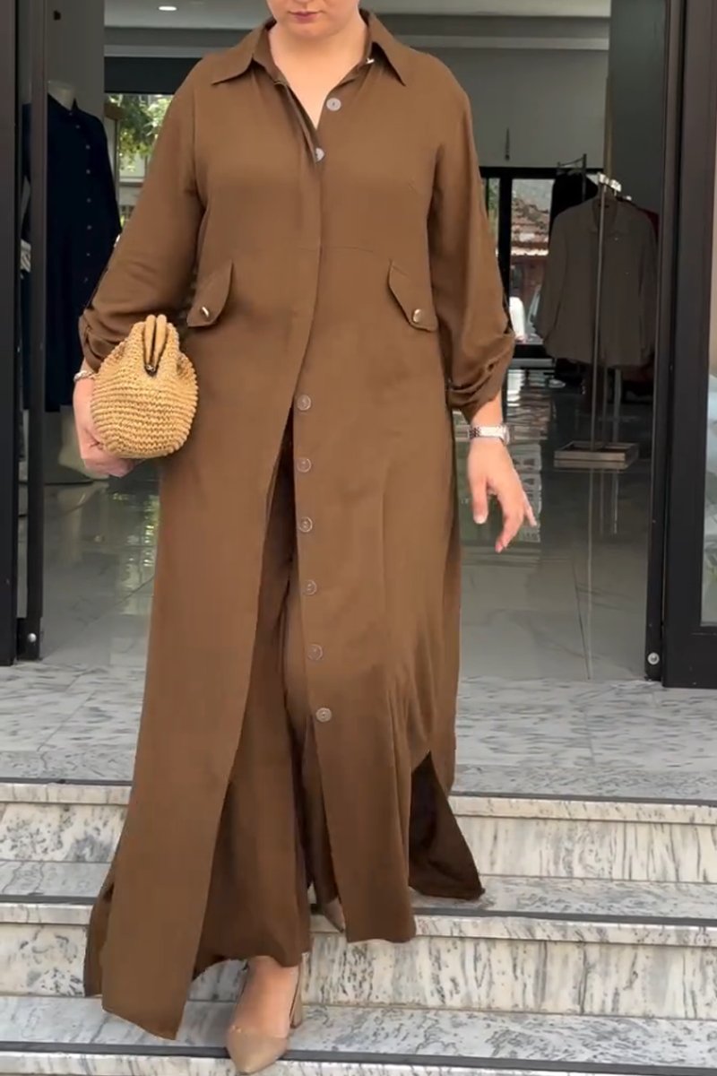 Women's Casual Long Shirt Straight Pants Suit