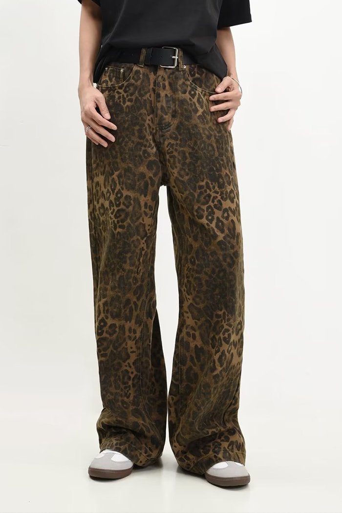 American Retro Leopard Print Jeans Straight Loose Men's Casual Pants