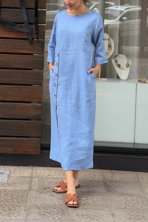 Women's Casual and Comfortable Cotton and Linen Hem Single-breasted Slit Design Long Dress