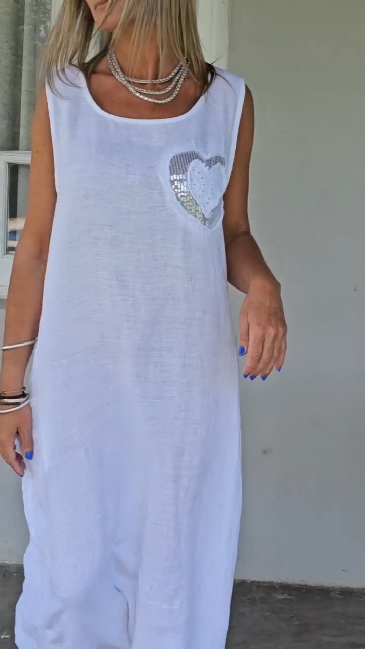 Women's casual U-neck heart silver-stamped sleeveless dress