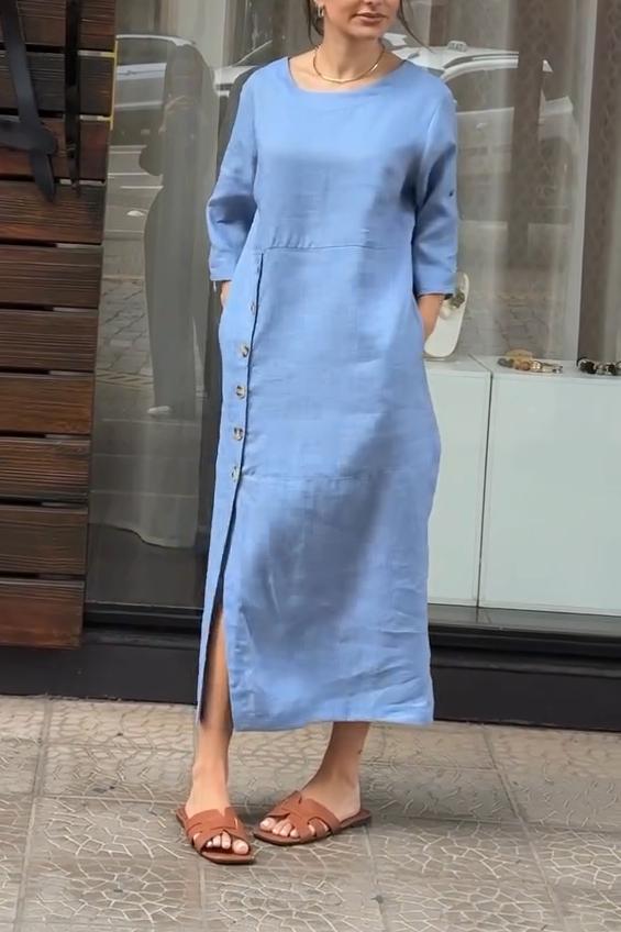 Women's Casual and Comfortable Cotton and Linen Hem Single-breasted Slit Design Long Dress